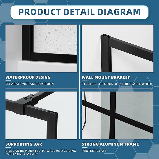Goodyo 46" x 72" Shower Glass Door Tempered Glass Shower Screen - Image 4