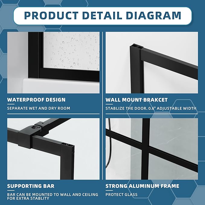 Goodyo Fixed Shower Door 34" X 72" Clear Tempered Glass Shower Screen Panel - Image 4