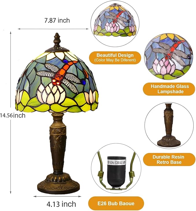 Tiffany Lamp Stained Glass Table Lamp 7.9X7.9X14.2 Inches Dragonfly and Lotus - Image 8