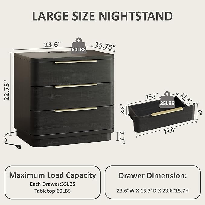 Black Nightstands Set of 2, Bedside Table - Image 2