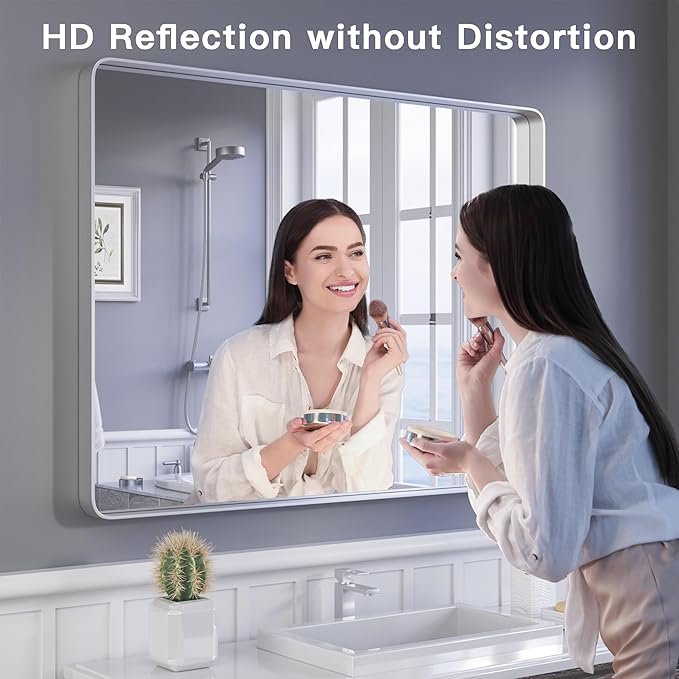 ISKM Silver Framed Mirror for Wall 40"x 30", Brushed Silver Bathroom Vanity - Image 2