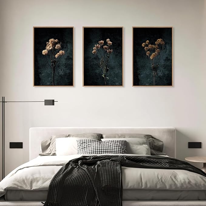 LHIUEM Dark Moody Wildflowers Framed Canvas Wall Art Set, Minimalist Wildflower - Image 5