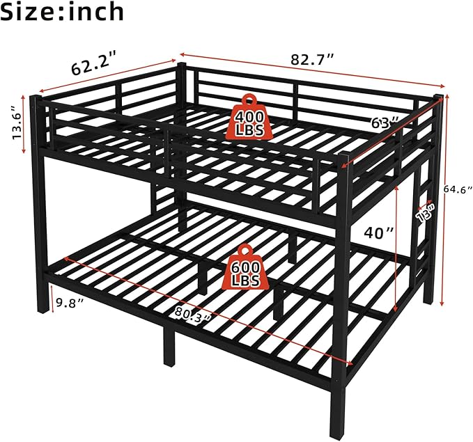 Queen Over Queen Bunk Bed Frame, Heavy Duty Metal Loft Bed - Image 2