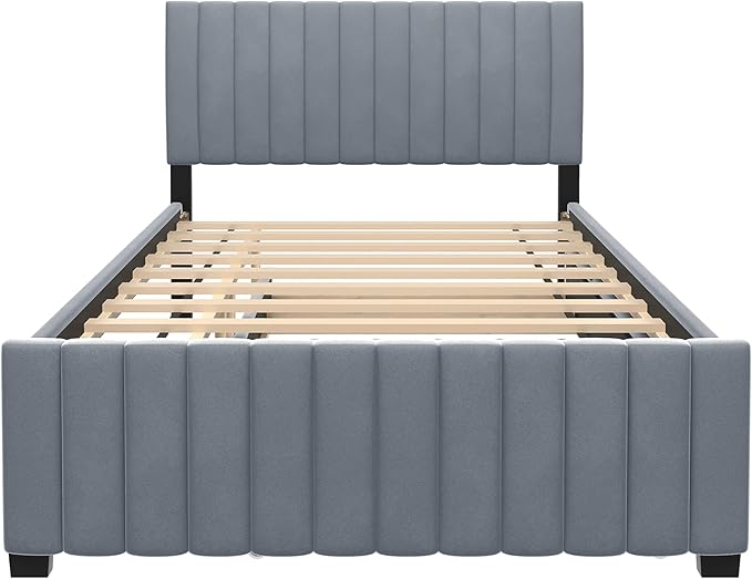 Full Bed Frame with Trundle Bed, Velvet Upholstered Platform Bed Frame - Image 5