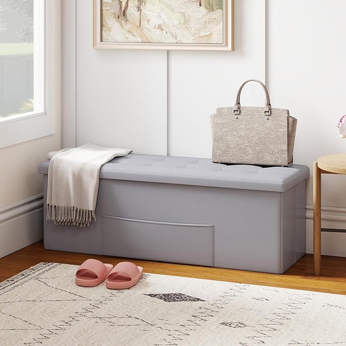 Giantex 43 Inches Folding Storage Ottoman Bench, Upholstered PU Leather Storage - Image 2
