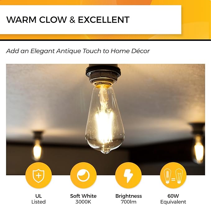 Hizashi Vintage LED Edison Bulb Dimmable, 6W Equivalent 60W, 3000k Soft White - Image 2