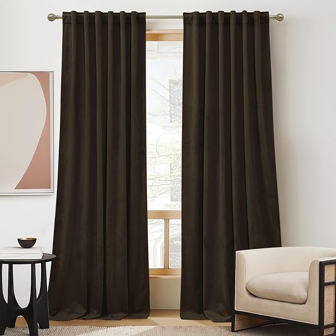 RYB HOME Brown Velvet Curtains 90 inches, Back Tab Soft Fabric Blackout Thermal by RYBHOME