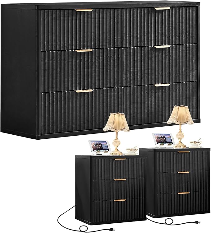 LEYAOYAO 48" Wide Fluted Dresser and 3 Drawers 23" Nightstand Set of 2 by LEYAOYAO-Findtheshiningpointofyourideallife%EF%BC%81