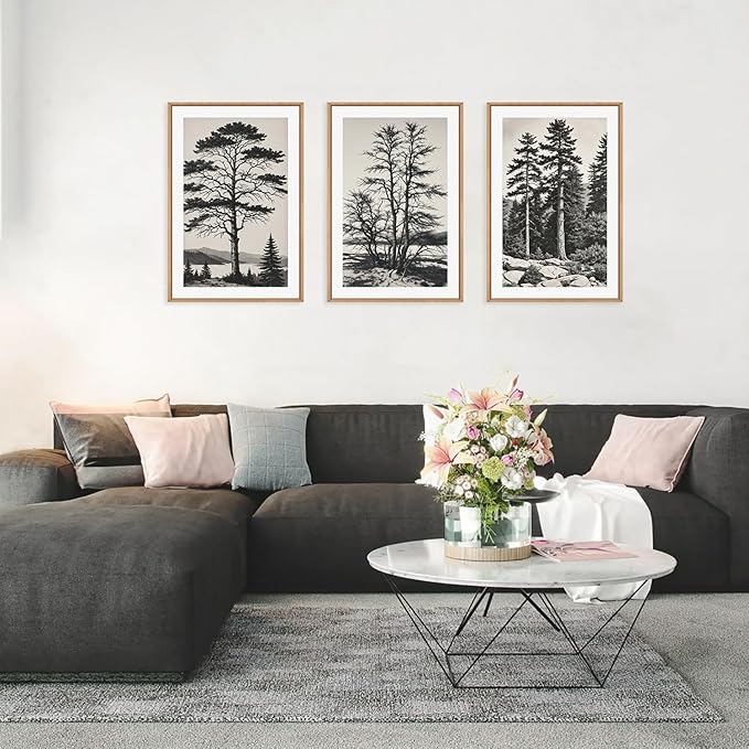 LHIUEM Large Vintage Sketch Tree Framed Wall Art Set, Antique Black and White - Image 2