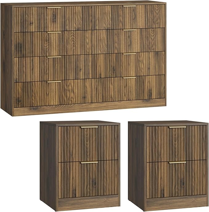 8 Drawer Dresser & Nightstand Set 3-Piece, 55” Wide Fluted Walnut Dresser and - Image 8