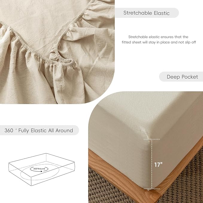 MooMee Fitted Bottom Sheet Only 100% Washed Cotton Linen Like Textured - Image 6