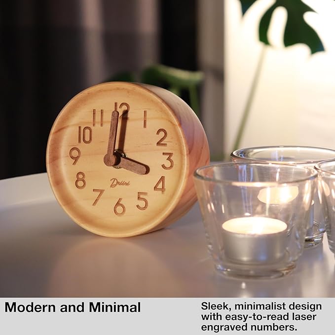 Driini Wooden Analog Desktop Clock – 4.3 in. Decorative Pinewood, No-Tick - Image 6