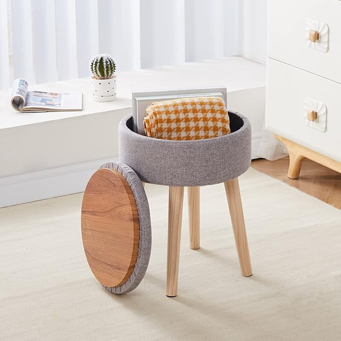 Mxfurhawa Storage Ottoman Linen Round Vanity Stool Tray Top Modern Foot Stool - Image 10
