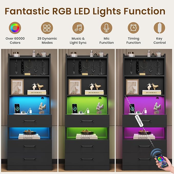 VIAGDO Tall Nightstand with Charging Station and LED Lights, Large Black Night - Image 5