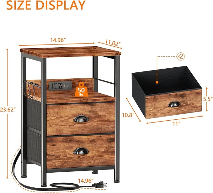 Furologee End Table with Charging Station, Nightstand with Fabric Drawers - Image 3