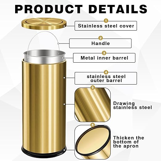 Maxdot 2 Pcs 8 Gallon/30 L Gold Lidded Trash Can and Toilet Brush Set, Garbage - Image 3