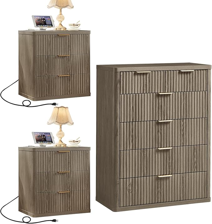 LEYAOYAO 42" Tall Fluted Dresser and 3 Drawers 23" Nightstand Set of 2 by LEYAOYAO-Findtheshiningpointofyourideallife%EF%BC%81