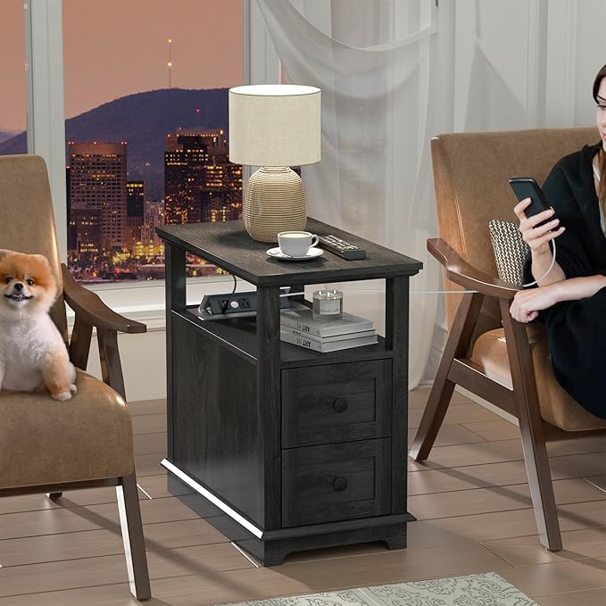 HIFYOBRO Narrow End Table with Flip Top Charging Station and 2 Drawers - Image 2