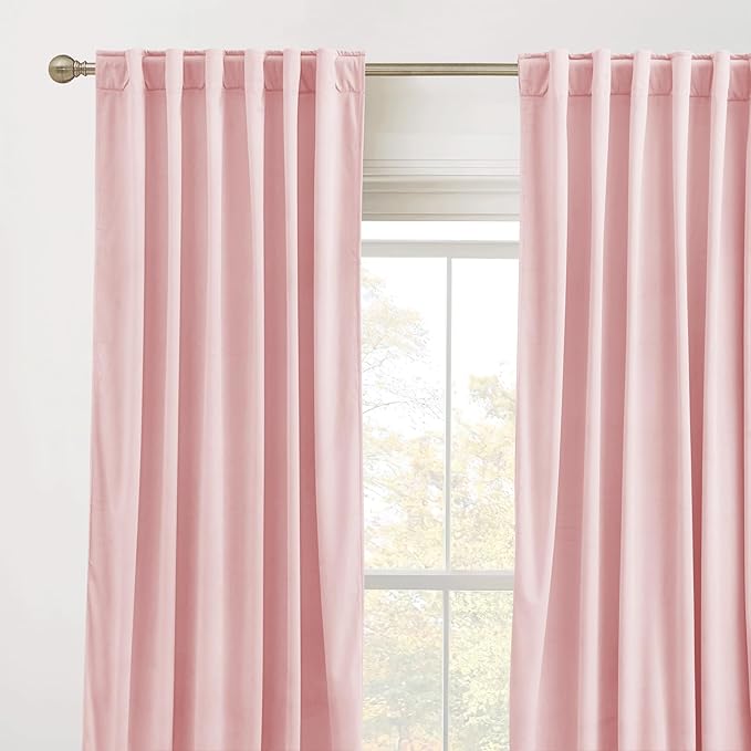 RYB HOME Baby Pink Velvet Curtains 96 inches, Back Tab Soft Fabric Room - Image 2