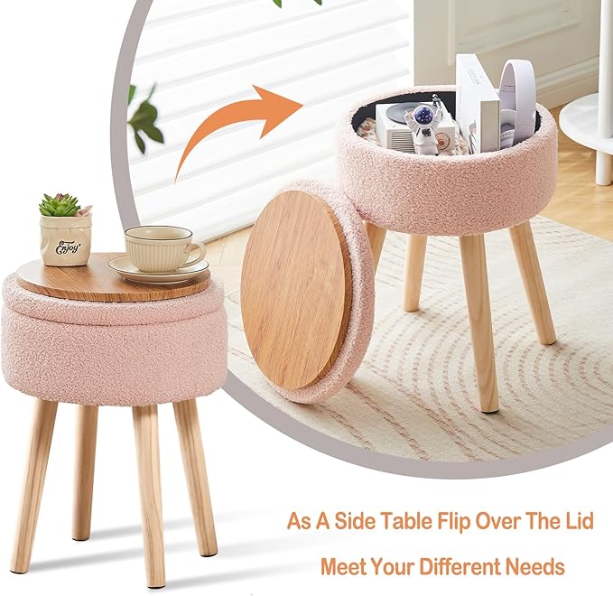 Mxfurhawa Storage Ottoman Foot Stool Teddy Velvet Round Vanity Stool Tray Top - Image 3
