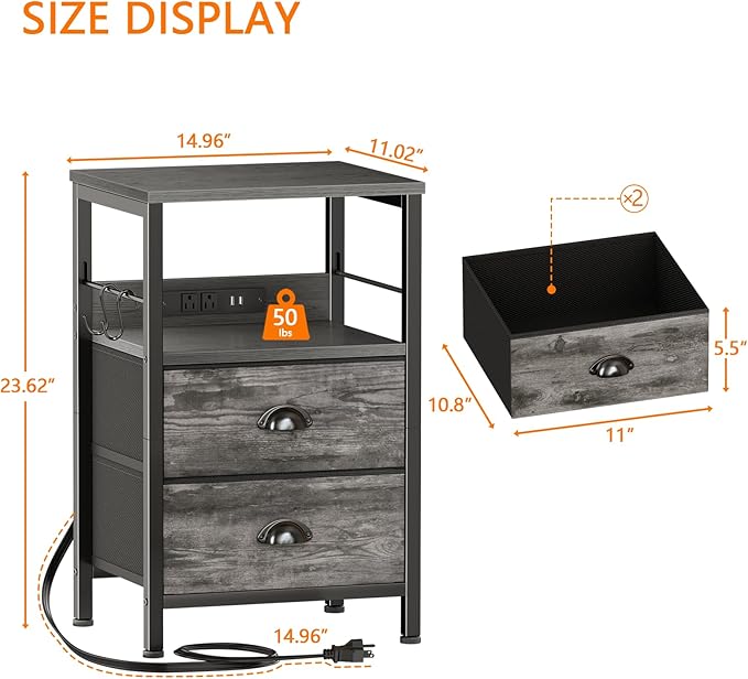 Furologee Nightstand with Charging Station, Night Stand with 2 Fabric Drawers - Image 3