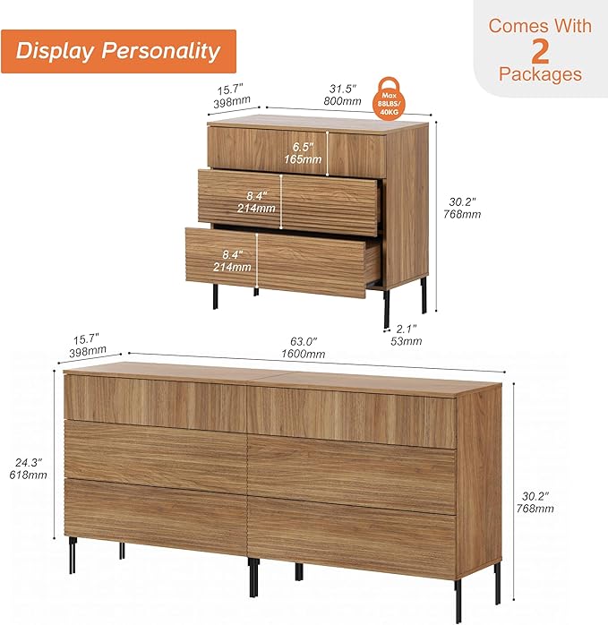 WAMPAT 63" W Fluted Dresser for Bedroom, 2 in 1 Modern 6 Drawer Dresser TV Stand - Image 2