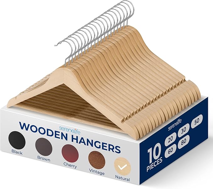 SereneLife 10-Pack Wooden Coat Hangers – Durable Suit Hangers by SereneLife