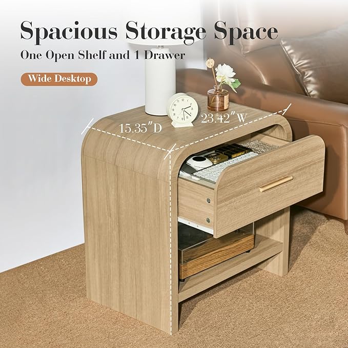 Night Stand 1-Drawer and 1 Storage Shelf Nightstand 24" H Metal Handle Modern - Image 7