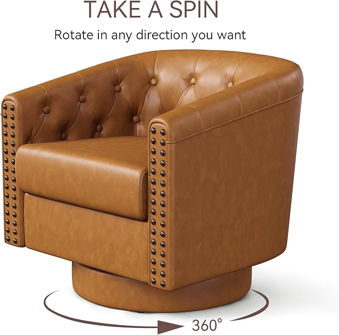 Swivel Barrel Accent Chair, Round Nailhead Faux Leather Living Room Arm Chairs - Image 7