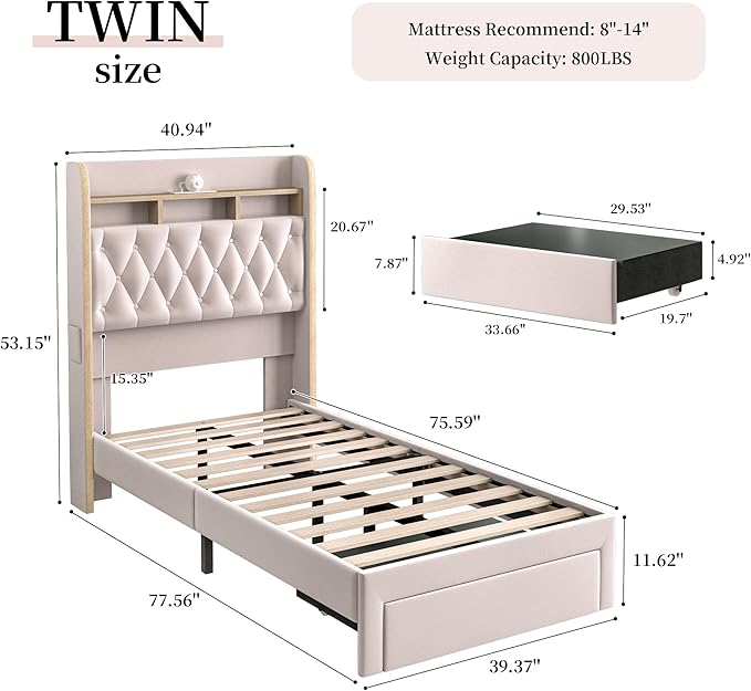 Twin LED Bed Frame with Storage Drawer, Velvet Upholstered Platform Beds with - Image 2