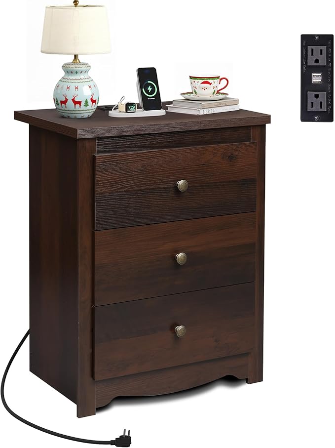 WLIVE Tall Nightstand with Charging Station, Wood Night Stand with 3 Drawers - Image 8