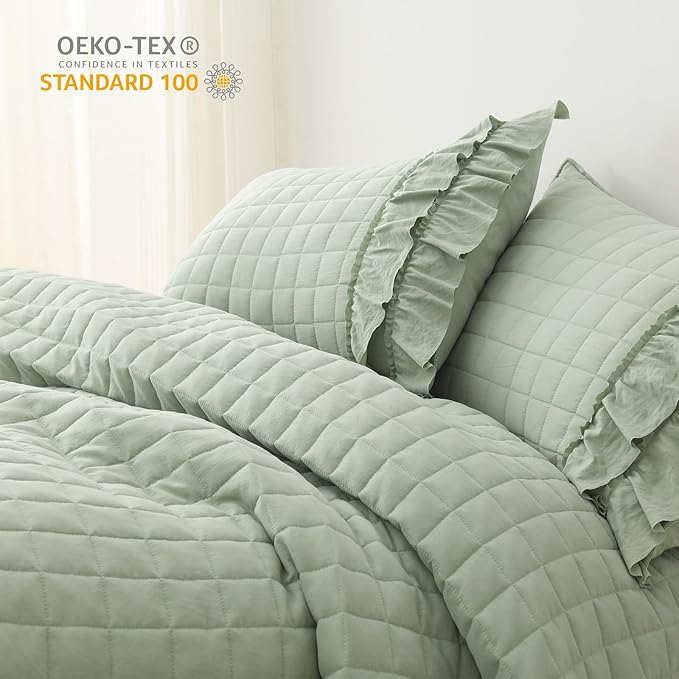 HORIMOTE HOME Asakusa Green Ruffled Quilt Set Twin Size, Geometric Square - Image 4