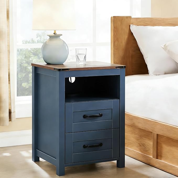 Blue Rustic Night Stand Set of 2, Farmhouse End Table, Modern Bedside Table - Image 2