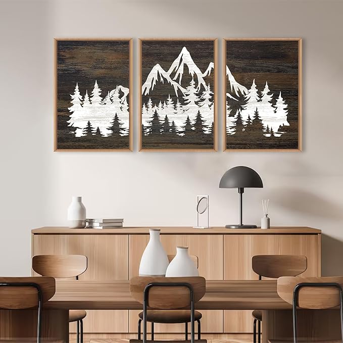 LHIUEM Large Mountain Tree Framed Canvas Wall Art Set, Modern White Forest Art - Image 5