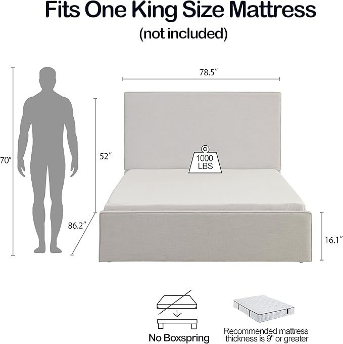 King Size Upholstered Bed Frame, Lucas Tall Headboard Floor Platform Beds - Image 2