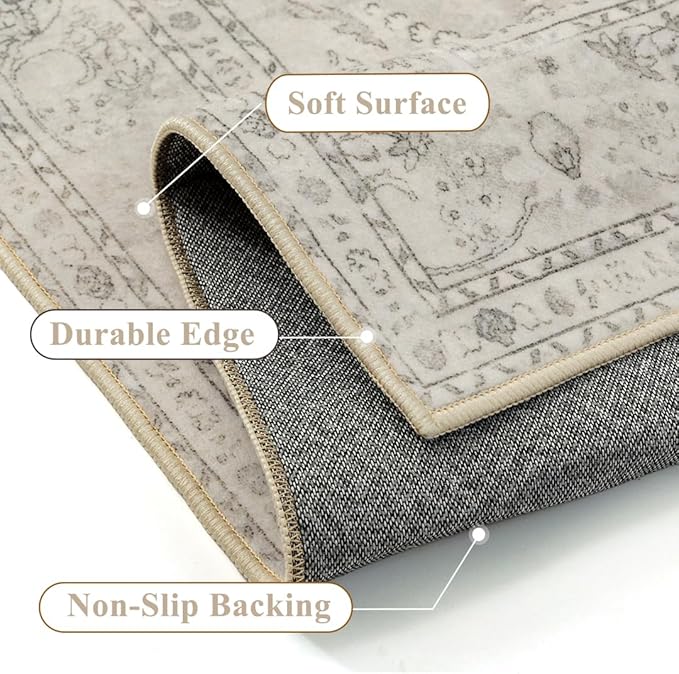Beige 5x7 Area Rug Washable Vintage Carpet - Image 5