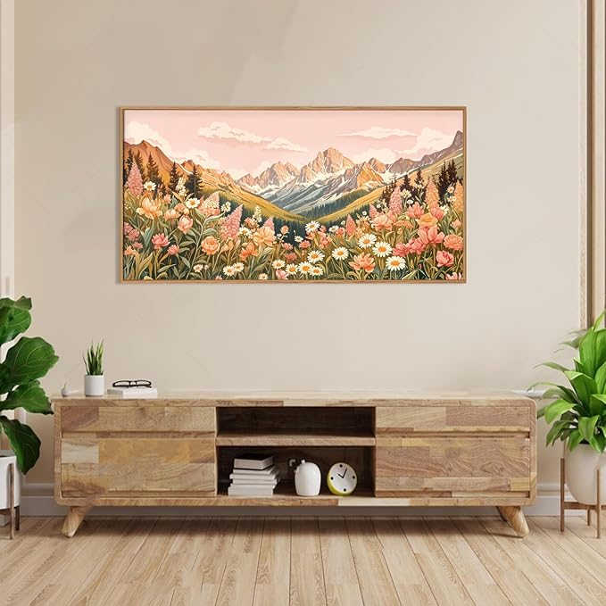 LHIUEM Large Abstract Colorful Mountain Framed Canvas Wall Art, Boho Pink - Image 2