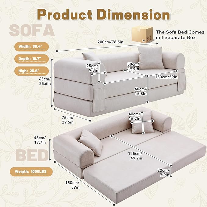 Convertible Sleeper Sofa Bed, 78.5 Inch Faux Leather Futon Couch - Image 2