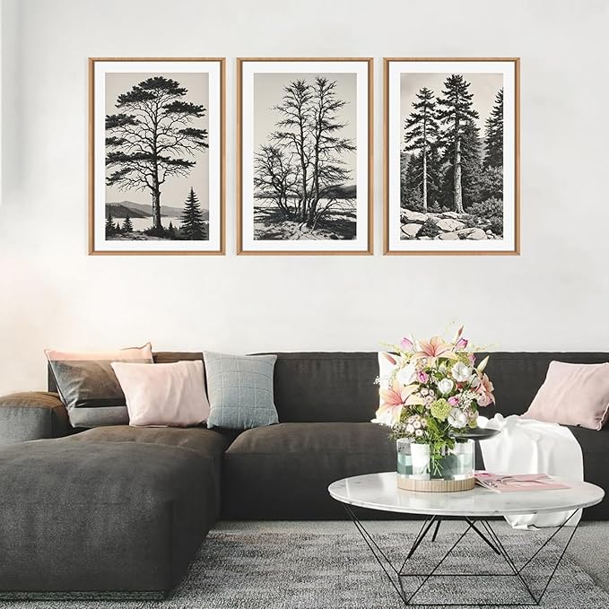 LHIUEM Large Vintage Sketch Tree Framed Wall Art Set, Antique Black and White - Image 2