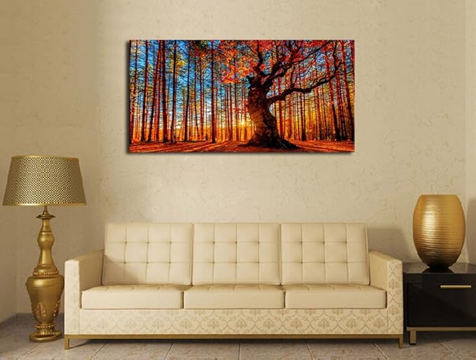 Large Forest Wall Art Forest Sunset Canvas Pictures Red Leaf Trees Landscape - Image 3