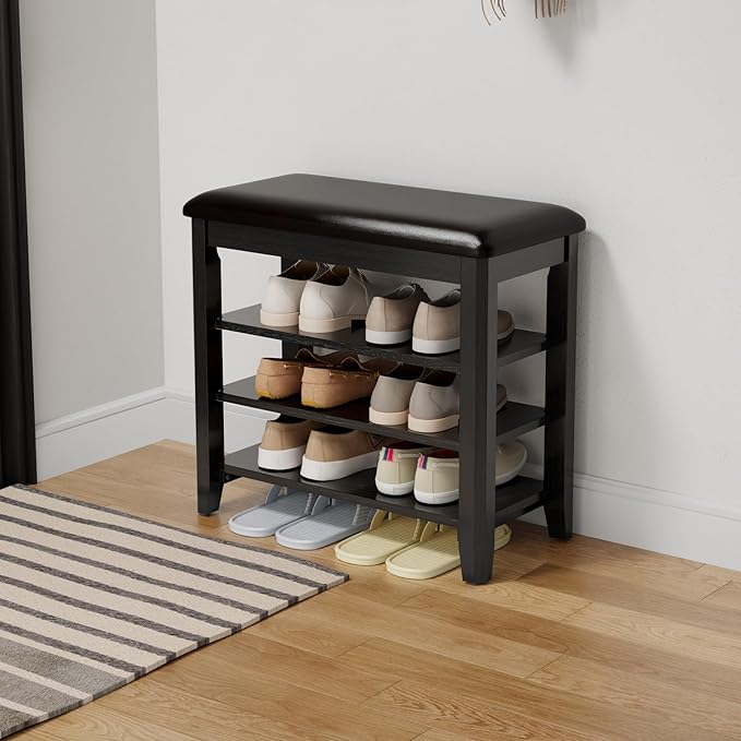 AQIMUELE Shoe Bench with Leather Cushion, 3 Tiers Shoe Storage Bench Height by AQIMUELE