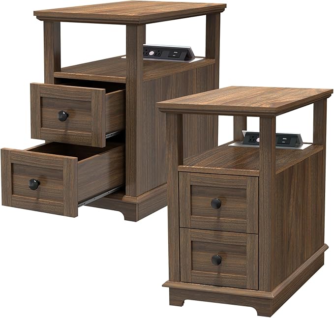 HIFYOBRO Narrow End Table with Flip Top Charging Station Set of 2, Side Table by HIFYOBROUS