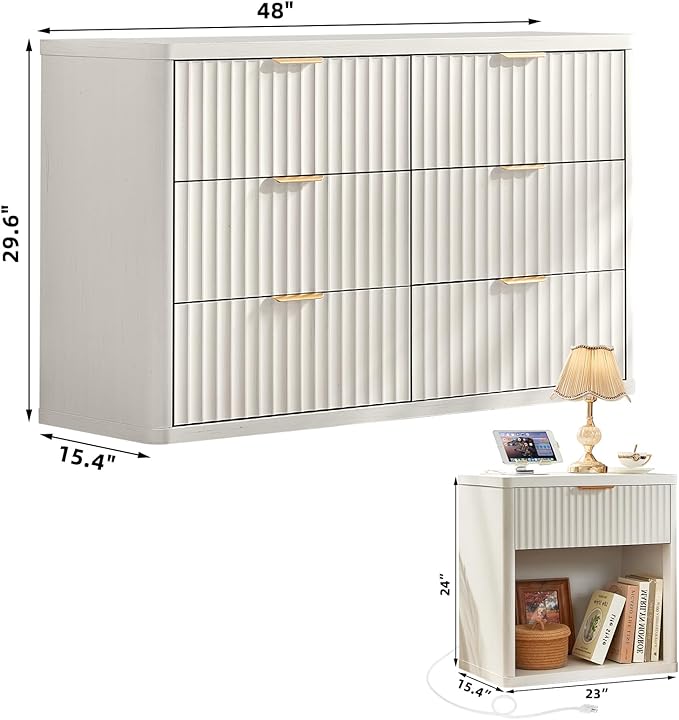 LEYAOYAO 48" Wide Fluted Dresser and 1 Drawers 23" Nightstand Set of 2 - Image 3