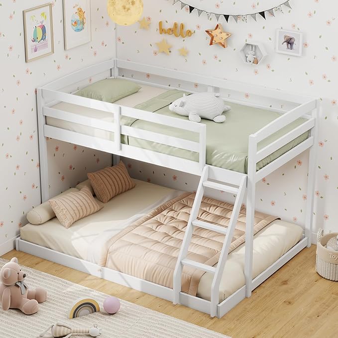 KOMFOTT Low Bunk Bed Twin Over Full, Solid Wood Twin Bed Frame - Image 3