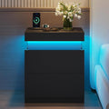 ADORNEVE Black Nightstand with Charging Station and LED Lights, Night Stand by ADORNEVE