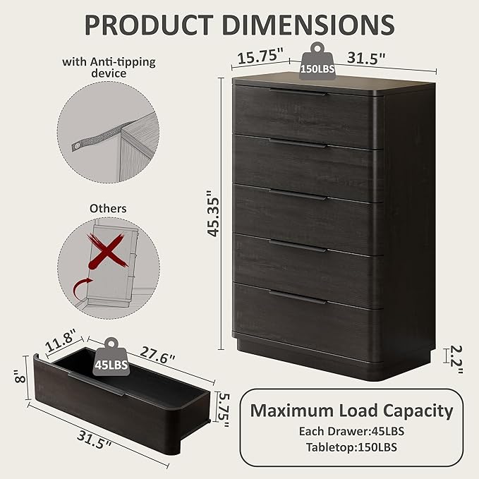 5 Drawer Dresser for Bedroom, Curved Profile Design, Wooden Closet - Image 2