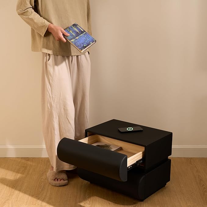 homary Smart Nightstand Modern Black Leather Nightstands - Image 8