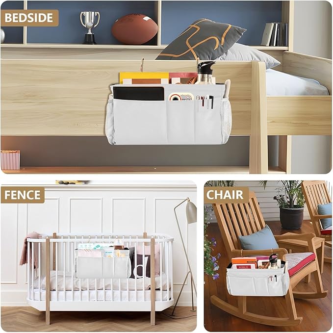 KOPIRIT White Bedside Caddy Storage Bag Bedside Organizer - Image 8