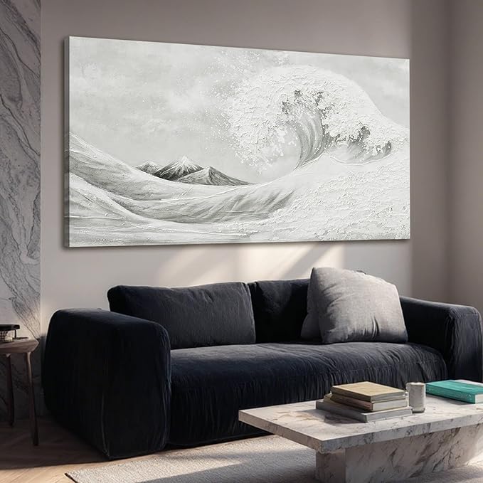 YETHEN WAL Neutral Grey & White Wave Wall Art – Textured Minimalist Canvas Print by Unknown