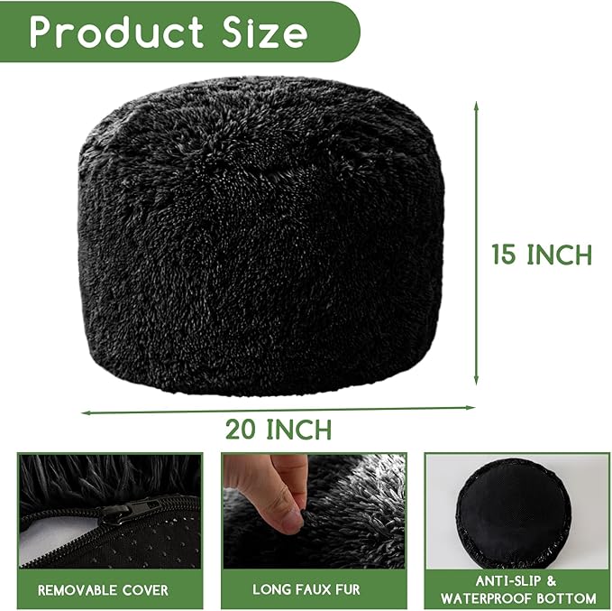 HIGOGOGO Round Stuffed Pouf Ottoman, Long Faux Fur Poufs - Image 2